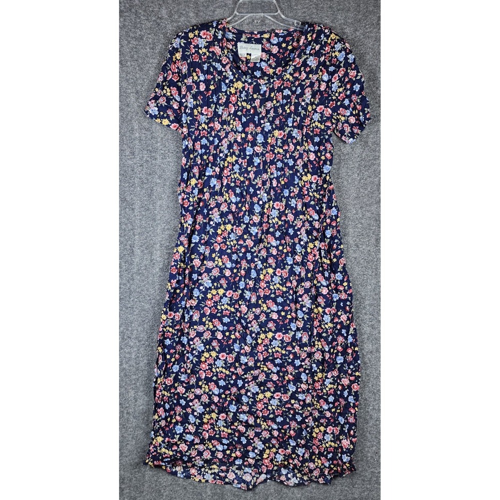 Betsy Lauren Dress Womens 8 930236 Navy Blue Floral Pintuck Short Sleeve EUC